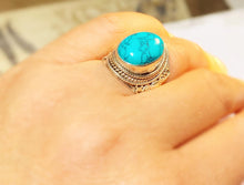 Load image into Gallery viewer, Oval Shaped Cushioned Turquoise ring with Cable Silver Design  Ocean  Blue  Natural Handmade Meditation