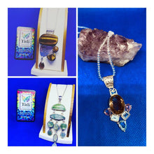 Load image into Gallery viewer, Designer Necklace in Rose Quartz Pendant and Peridot with Sterling Silver Base Chain.
