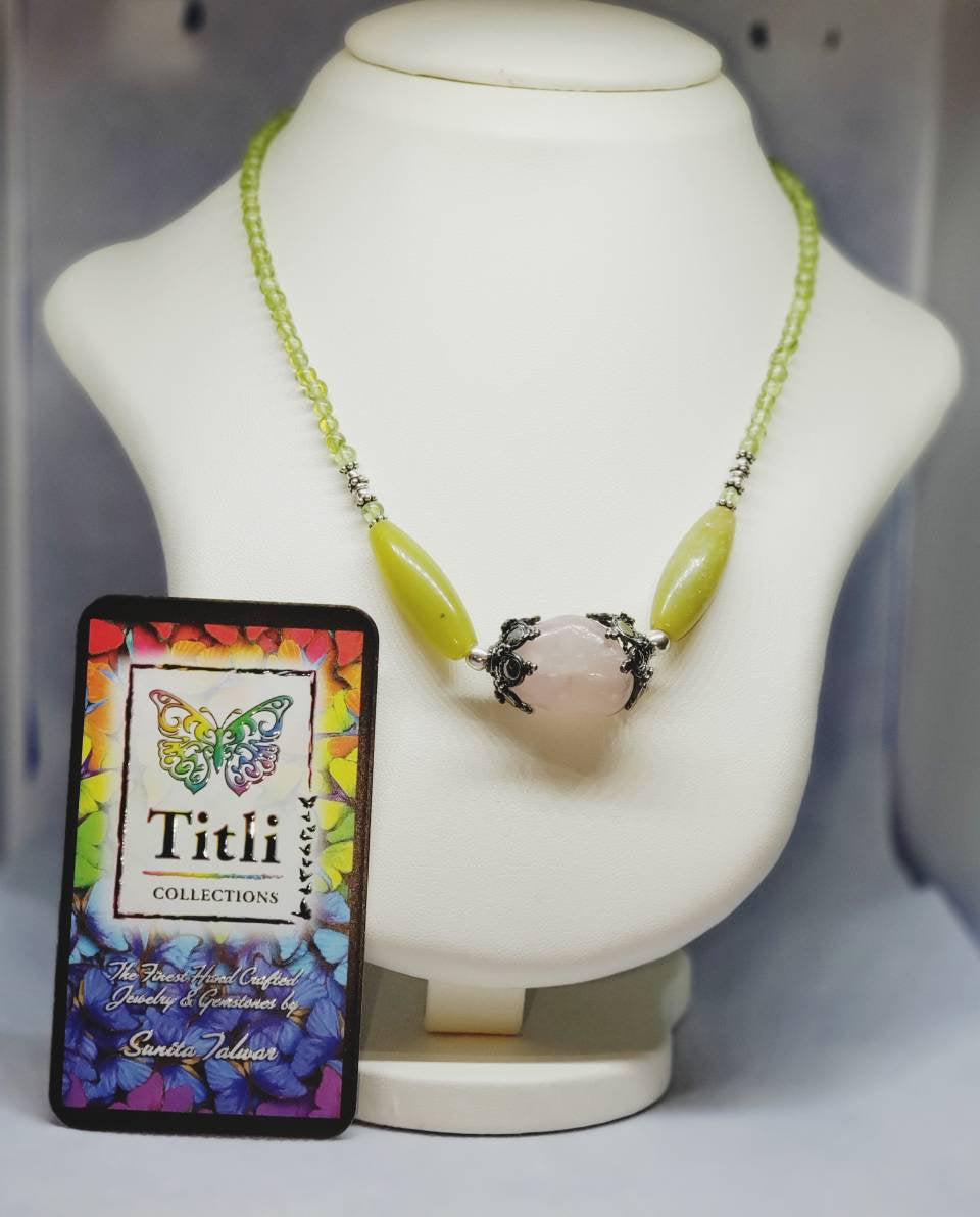 Designer Necklace in Rose Quartz Pendant and Peridot with Sterling Silver Base Chain.