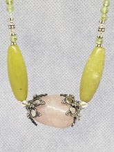 Load image into Gallery viewer, Designer Necklace in Rose Quartz Pendant and Peridot with Sterling Silver Base Chain.