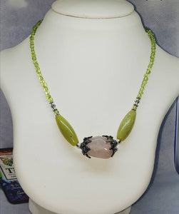 Designer Necklace in Rose Quartz Pendant and Peridot with Sterling Silver Base Chain.