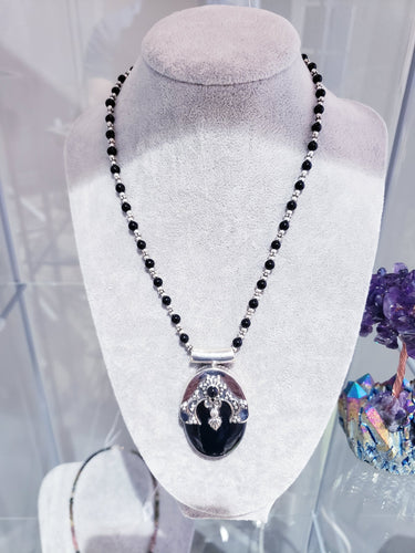 Statement Designer Necklace Pendant in Onyx with Sterling Silver Base and Black Onyx Chain.