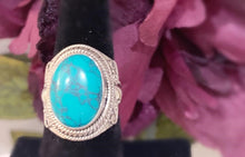 Load image into Gallery viewer, Oval Shaped Cushioned Turquoise ring with Cable Silver Design  Ocean  Blue  Natural Handmade Meditation
