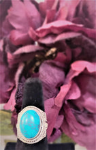 Load image into Gallery viewer, Oval Shaped Cushioned Turquoise ring with Cable Silver Design  Ocean  Blue  Natural Handmade Meditation