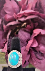 Oval Shaped Cushioned Turquoise ring with Cable Silver Design  Ocean  Blue  Natural Handmade Meditation