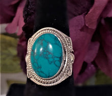 Load image into Gallery viewer, Oval Shaped Cushioned Turquoise ring with Cable Silver Design  Ocean  Blue  Natural Handmade Meditation