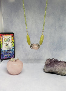 Designer Necklace in Rose Quartz Pendant and Peridot with Sterling Silver Base Chain.