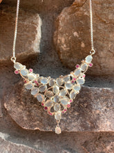 Load image into Gallery viewer, Designer Victorian Style Silver Moonstone Ruby Statement Necklace With Earrings