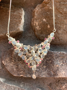 Designer Victorian Style Silver Moonstone Ruby Statement Necklace With Earrings