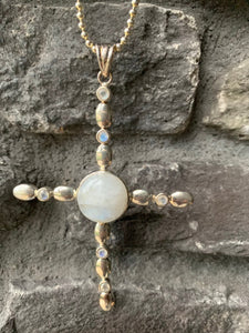 Designer Big CROSS Pendant with Beaded Style Silver Chain made in 925 Silver and Moonstone