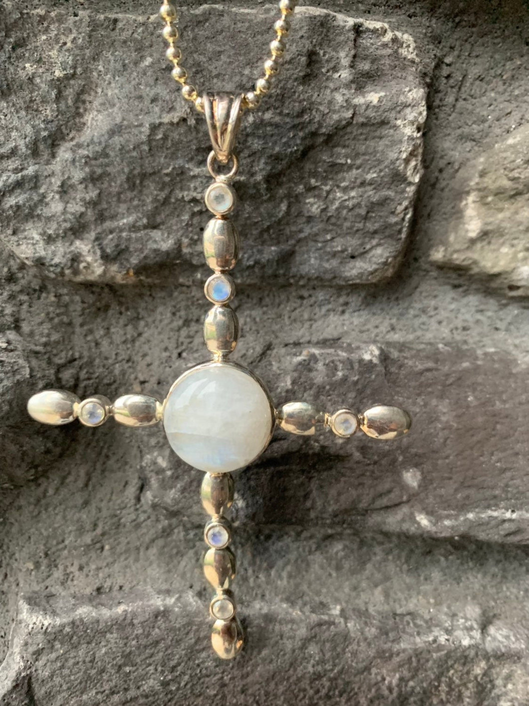 Designer Big CROSS Pendant with Beaded Style Silver Chain made in 925 Silver and Moonstone