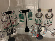 Load image into Gallery viewer, Traditional Indian handcrafted earrings made in 925 Silver with Green, Pink and White beads