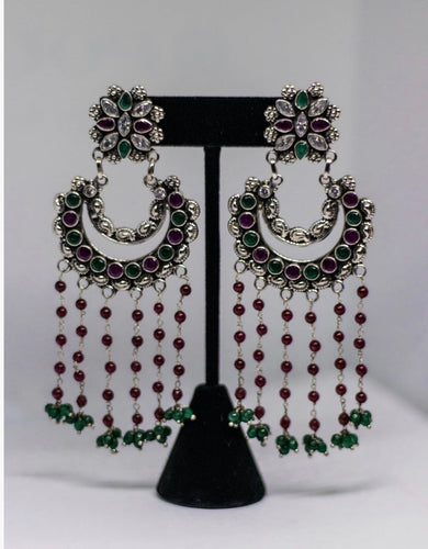 Traditional Indian handcrafted earrings made in 925 Silver with Green, Pink and White beads