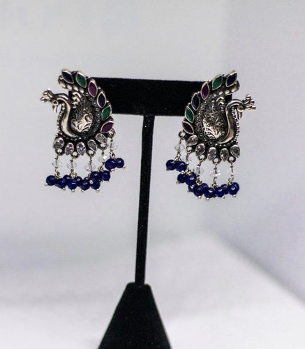 Traditional Indian handcrafted Peacock Design earrings made in 925 Silver and Blue Beads