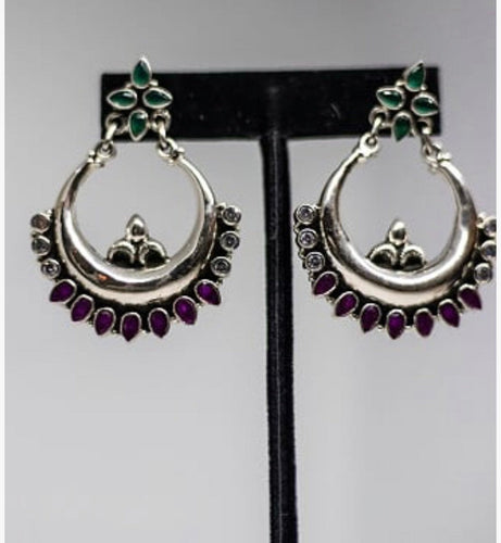 Traditional Indian handcrafted earrings made in 925 Silver with Green, Pink and White Stones