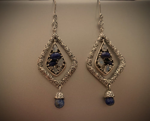 Lapiz Lazuli, Rainbow Moonstone 925 Silver Designer Danglers, Newest Collection, Contemporary Classical Mix Earrings