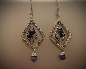Lapiz Lazuli, Rainbow Moonstone 925 Silver Designer Danglers, Newest Collection, Contemporary Classical Mix Earrings