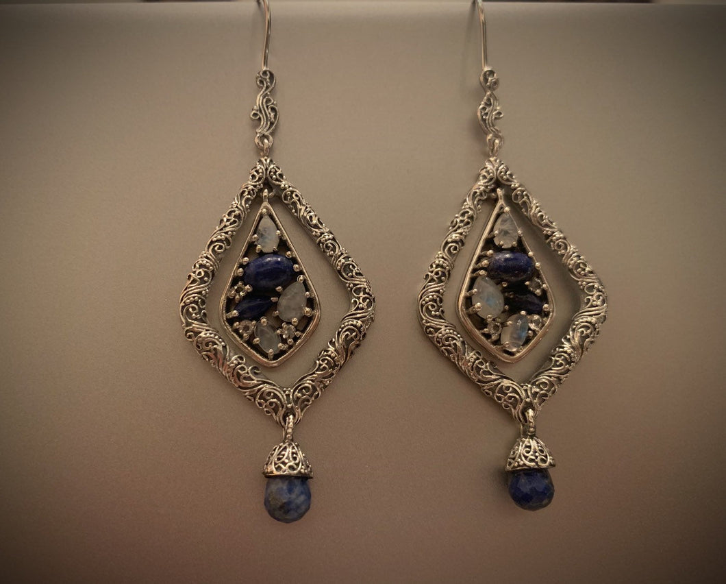 Lapiz Lazuli, Rainbow Moonstone 925 Silver Designer Danglers, Newest Collection, Contemporary Classical Mix Earrings