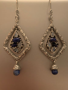 Lapiz Lazuli, Rainbow Moonstone 925 Silver Designer Danglers, Newest Collection, Contemporary Classical Mix Earrings