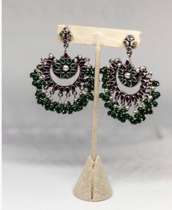 Traditional Indian handcrafted earrings made in 925 Silver with Green, Pink and White beads