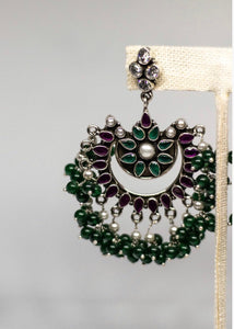 Traditional Indian handcrafted earrings made in 925 Silver with Green, Pink and White beads