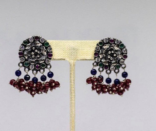Traditional Indian handcrafted earrings made in 925 Silver with Green, Pink and White beads
