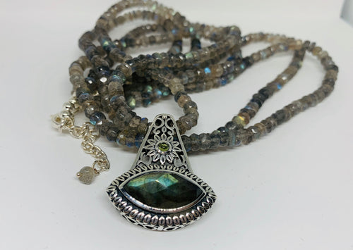 Natural Labradorite 2-Layers Necklace WIth 925 Silver base Pendants.