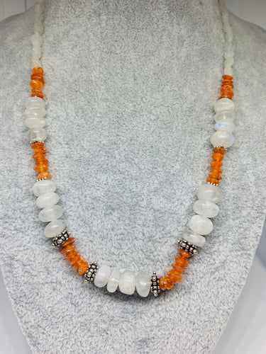 Natural Moonstone And Agate Gemstone Necklace in 925 Sterling Silver Beads.