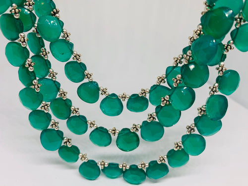 Natural Green Onyx 3- Layers Necklace WIth 925 Silver Beads.