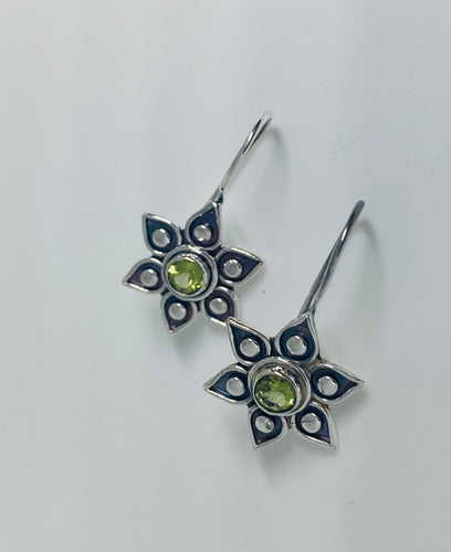 Natural Moonstone, Peridot Gemstone Earrings In Sterling Silver Flower Design