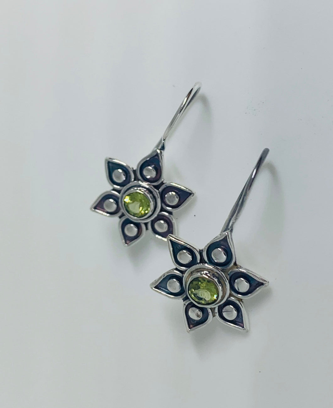 Natural Moonstone, Peridot Gemstone Earrings In Sterling Silver Flower Design