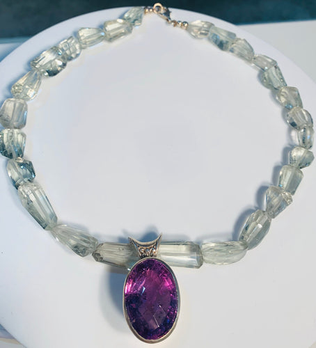 Stunning Heart of Amethyst and Acquamarine Gemstone Necklace. Earrings are sold Separately