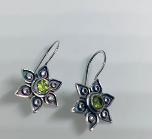 Natural Moonstone, Peridot Gemstone Earrings In Sterling Silver Flower Design