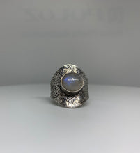 Load image into Gallery viewer, Moonstone , Amethyst , Onyx AND MELACHITE Ring In Art Décor Sterling Silver Setting, Unique Rare Gemstone Ring Gift Ideas