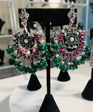 Load image into Gallery viewer, Traditional Indian handcrafted earrings made in 925 Silver with Green, Pink and White beads