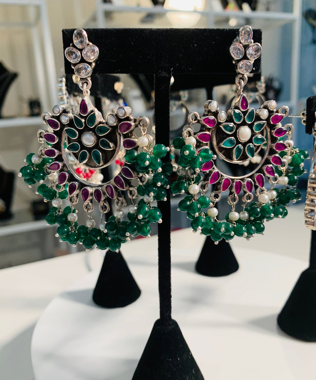 Traditional Indian handcrafted earrings made in 925 Silver with Green, Pink and White beads